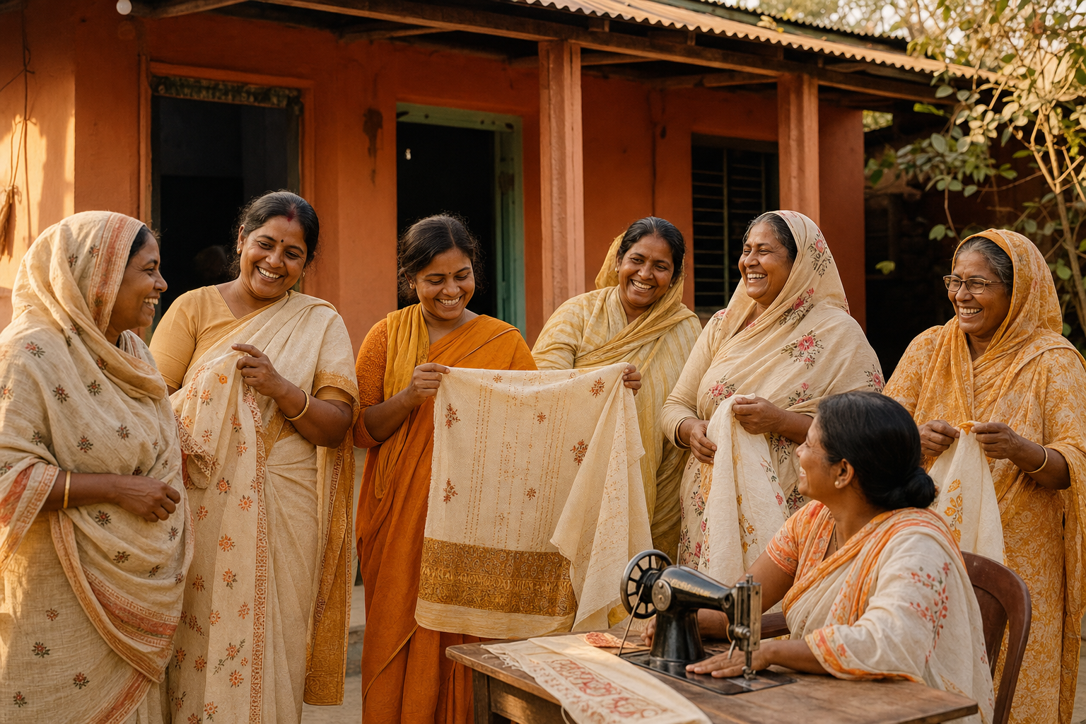 Group of Bangladeshi women laughing together outside a community training centre, holding up finished textiles.