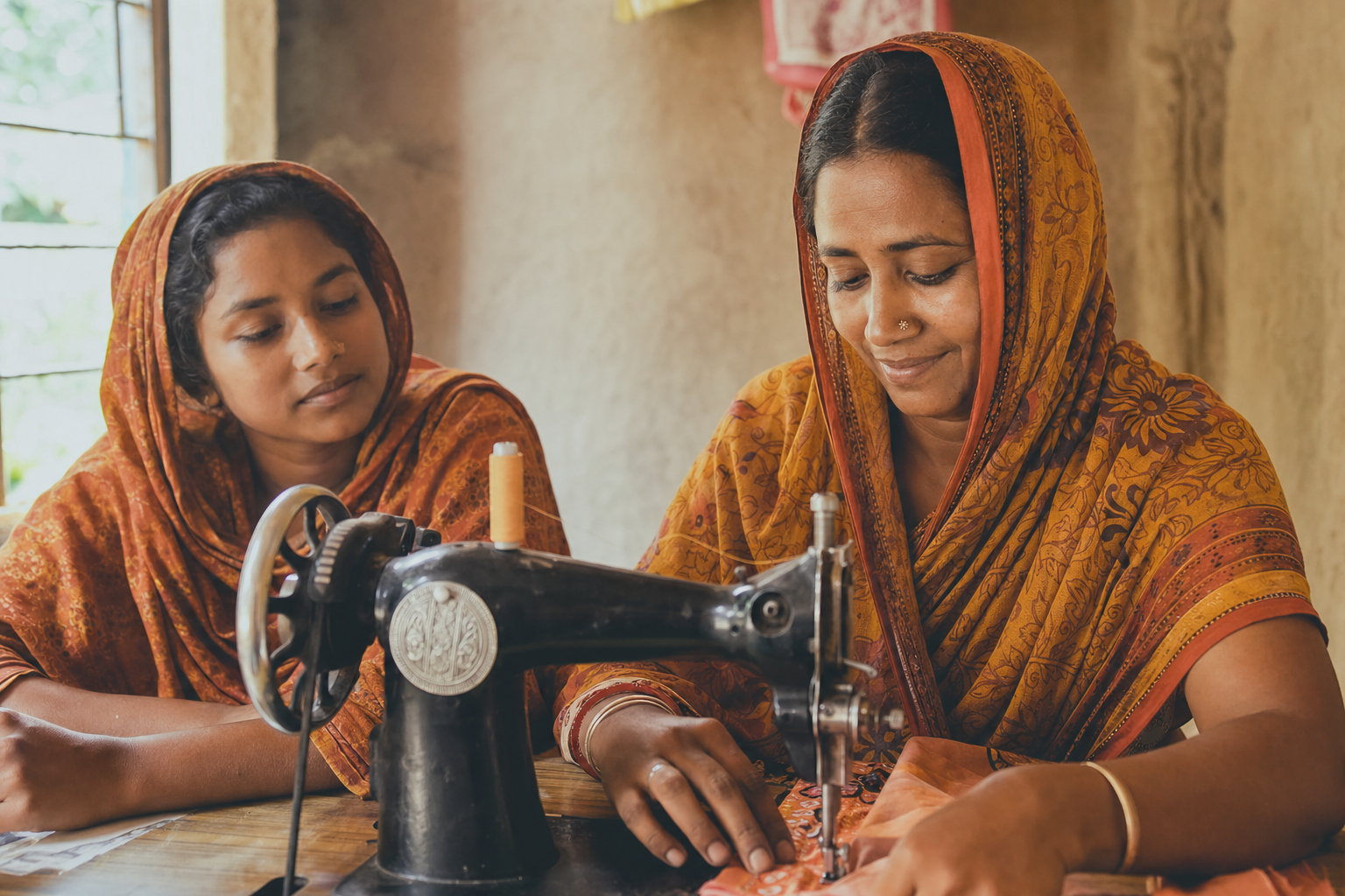 A young woman learning to sew on a traditional machine, guided by an experienced trainer, in soft window light.
