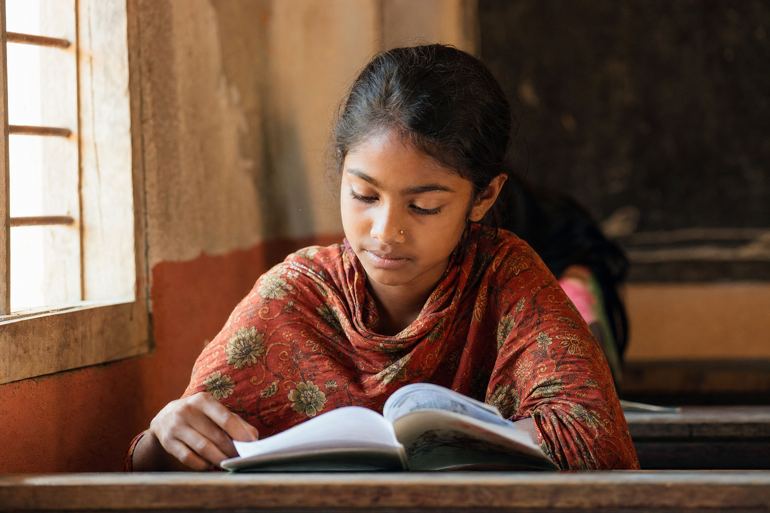A young girl reading a book in a rural classroom lit by soft window light.
