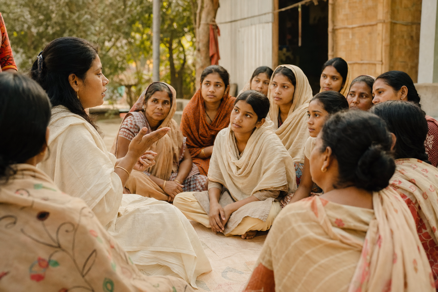 A facilitator speaking with a circle of women and girls during a menstrual health awareness session.