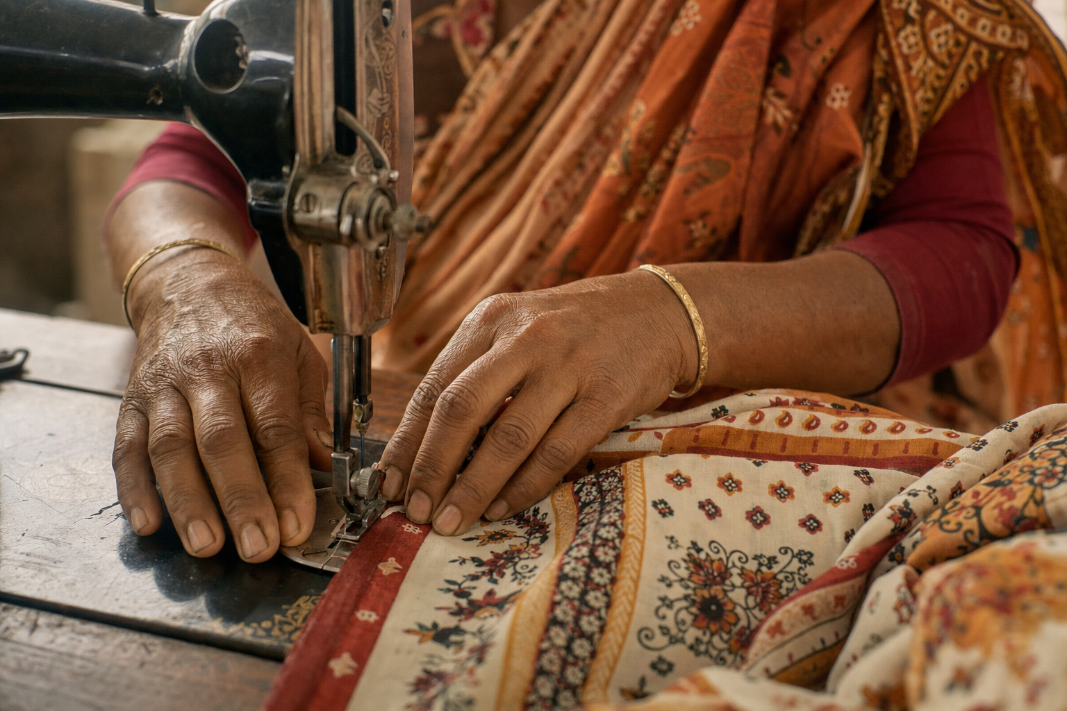 Close-up of a woman's hands guiding fabric through a foot-pedal sewing machine.